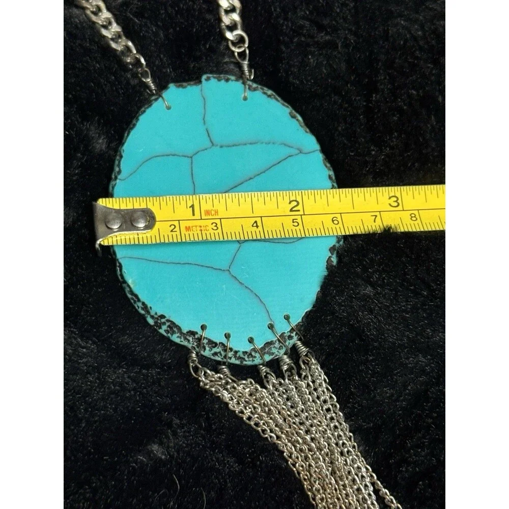 Silver Tone Turquoise Oval Pendant Necklace Long Fringe Southwestern Boho